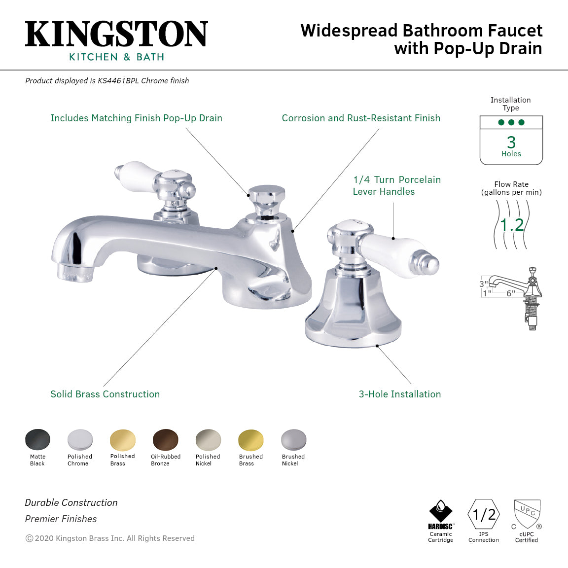Kingston Tulare KS4461BPL - Bel-Air Two-Handle 3-Hole Deck Mount Widespread Bathroom Faucet with Brass Pop-Up, Polished Chrome — thumbnail 2